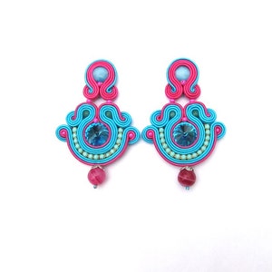Oriental turquoise earrings, soutache clip-on earrings, blue and pink earrings with crystals, handmade earrings image 2