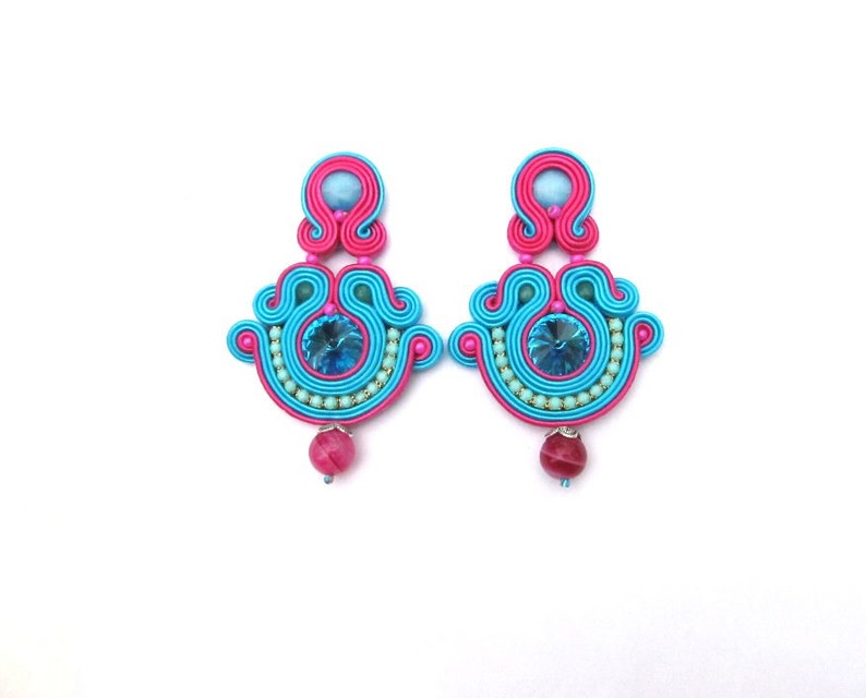 Oriental turquoise earrings, soutache clip-on earrings, blue and pink earrings with crystals, handmade earrings image 2