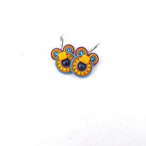 Colorful soutache earrings, beaded dangle earrings, small round earrings, handmade earrings from Poland, yellow earrings purple image 2