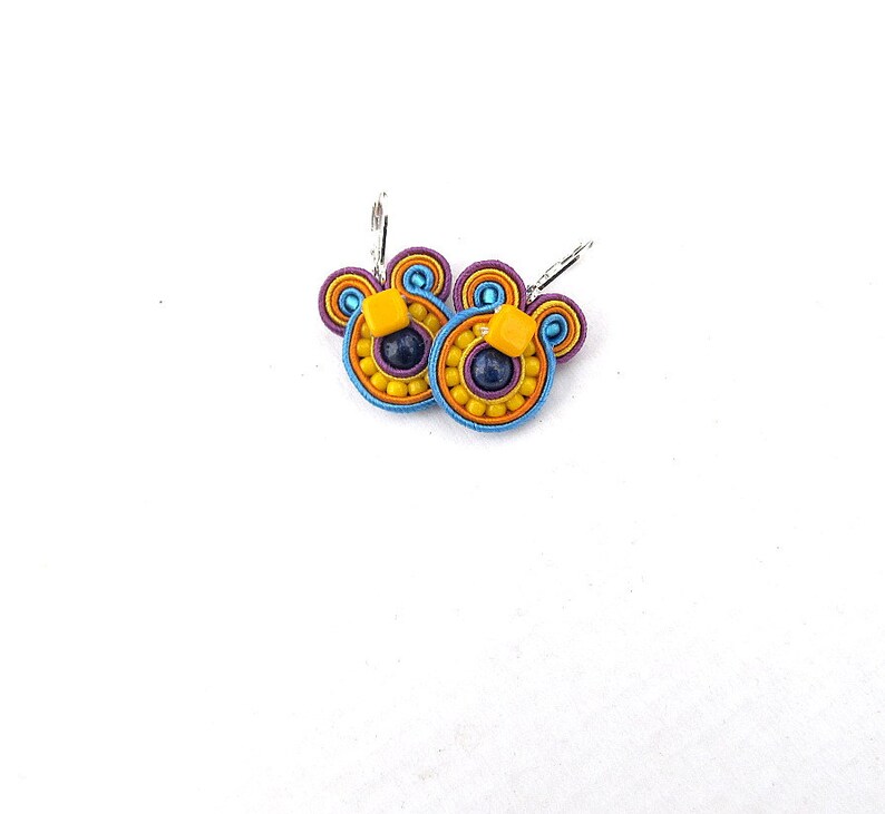 Colorful soutache earrings, beaded dangle earrings, small round earrings, handmade earrings from Poland, yellow earrings purple image 2