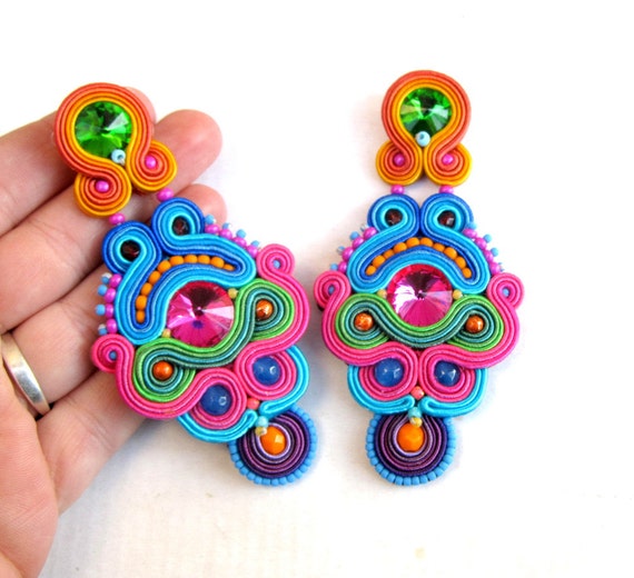 Long Clip On Earrings Unique Colorful Soutache Earrings Long Etsy