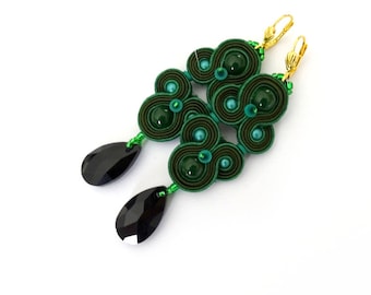 Pendientes Soutache verde esmeralda, pendientes largos en forma de gota, pendientes de declaración, pendientes colgantes colgantes