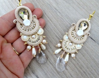 Nude bridal earrings, long dangle earrings with crystals, soutache earrings, beige and gold earrings, glamour earrings, bridesmaid earrings