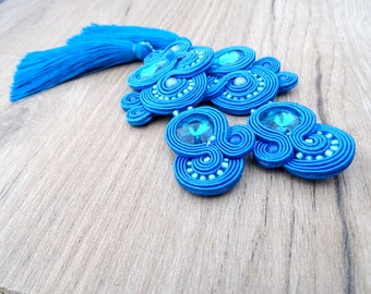 Blue tassel earrings, big clip on earrings, soutache earrings, big fringe earrings with crystals, hypoallergenic earrings