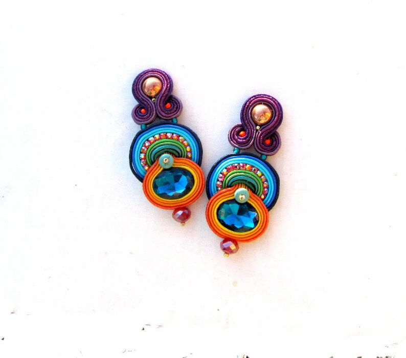 80s style earrings for woman, statement colorful soutache earrings, clip-on earrings for non pierced ears image 6