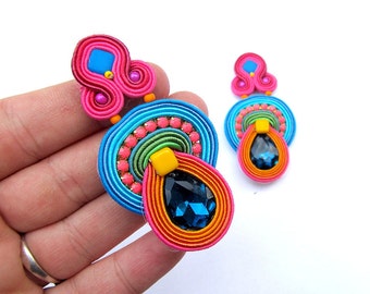 Colorful clip on earrings, soutache earrings with crystals, statement earrings for non pierced ears