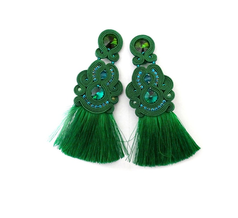 Emerald Green Statement Earrings Very Long Clipon Earrings Etsy