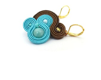 Blue jade earrings, soutache earrings, turquoise and brown small earrings