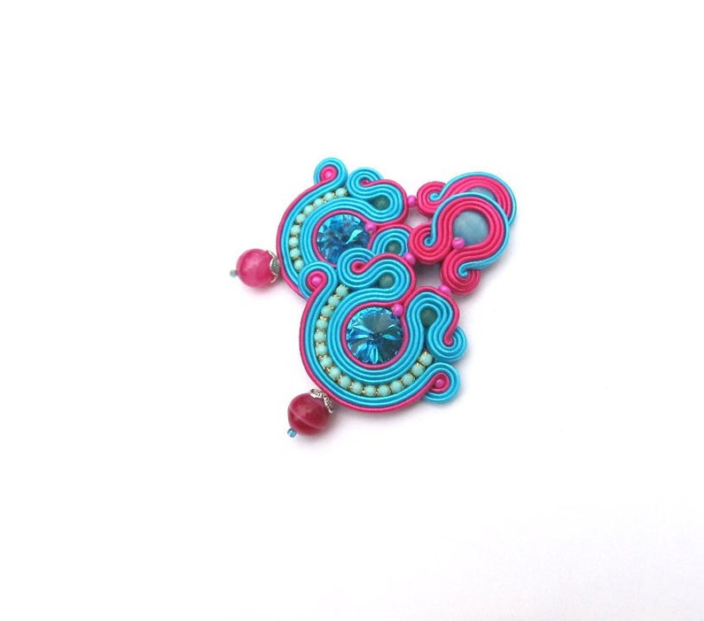 Oriental turquoise earrings, soutache clip-on earrings, blue and pink earrings with crystals, handmade earrings image 3