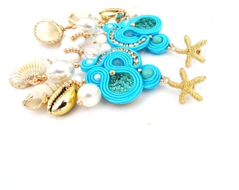 Very Long Boho Blue Soutache Earrings with Dangling Gold Beads and White Shells