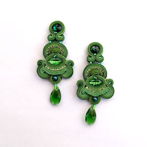 Emerald Green Soutache Earrings with crystals, long clip-on earrings, oriental style statement earrings image 8