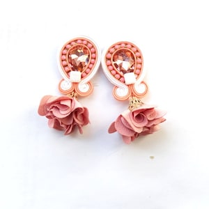 Crystal Bridal Earrings with Flower Tassels, Peach Pink and white Soutache Earrings clip-on image 1