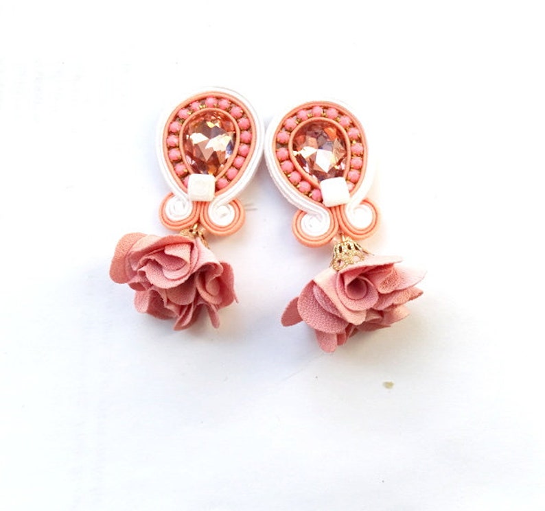 Crystal Bridal Earrings with Flower Tassels, Peach Pink and white Soutache Earrings clip-on image 1