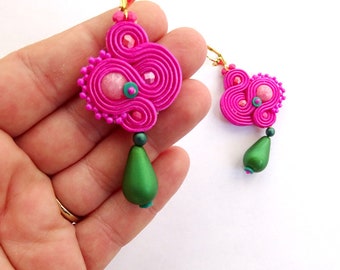 Fuchsia pink earrings, emerald green drop shape earrings, green and pink soutache earrings, leather earrings, weird earrings