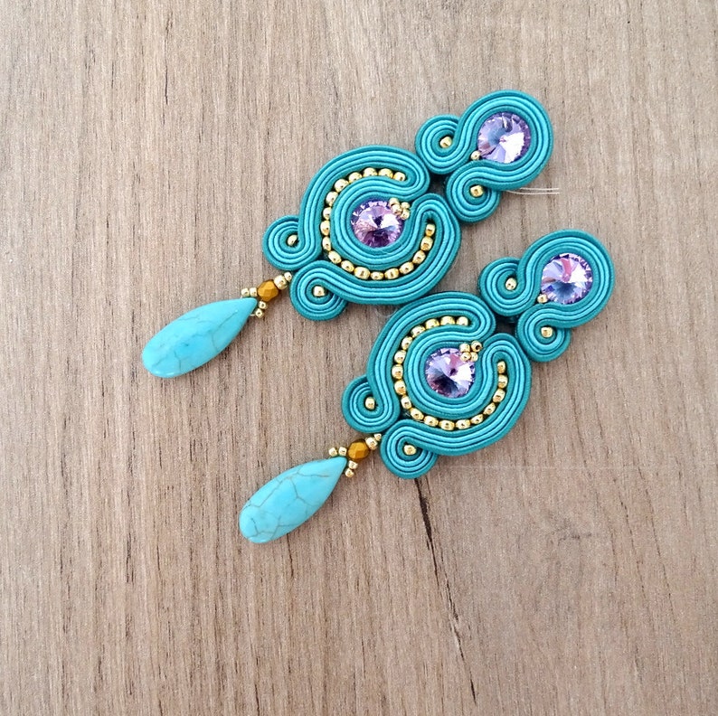 Teal blue Clipon Earrings Long Turquoise Soutache Earrings Etsy