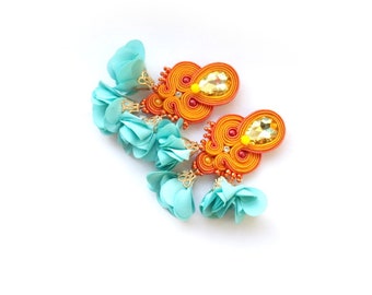 blue tassel earrings big statement clip-on soutache earrings orange earrings with flower tassels