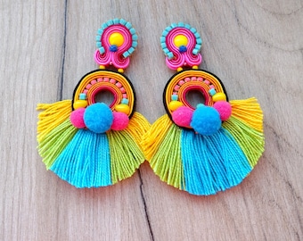 Colorful Tassel Earrings, Clip On Earrings Statement, Long Soutache Earrings, Tassel Earrings, Pompom Earrings, Clip on Earrings, Soutache