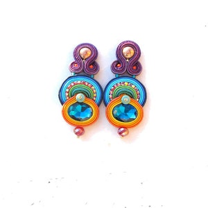 80s style earrings for woman, statement colorful soutache earrings, clip-on earrings for non pierced ears image 5