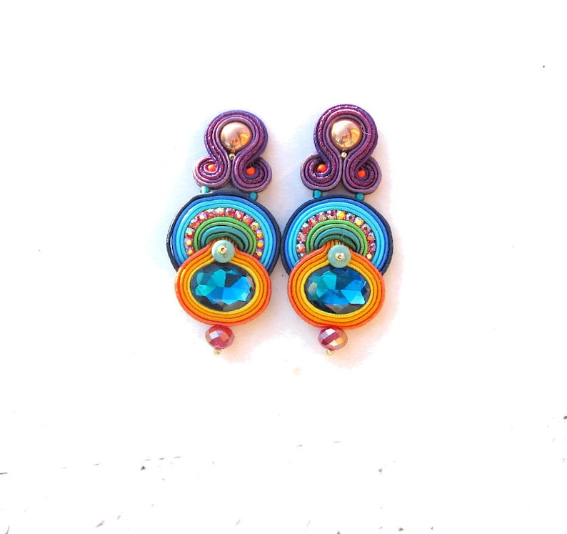 80s style earrings for woman, statement colorful soutache earrings, clip-on earrings for non pierced ears image 5