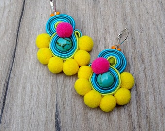 Pom Pom Earrings, Boho Earrings, Colorful Dangle Earrings, Soutache Earrings, Pompom earrings, Colorful Boho Jewelry