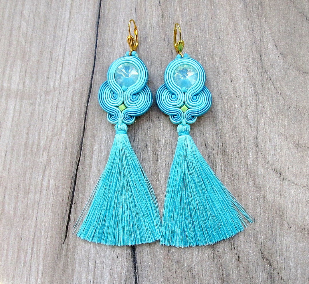 Tassel Earrings Long Dangle Earrings Soutache Earrings Mint - Etsy