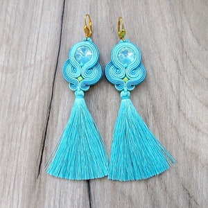 Tassel earrings, long dangle earrings, soutache earrings, mint earrings, turquoise earrings, silk fringe earrings for woman