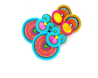 Colorful clip on earrings, long statement soutache earrings, summer bright earrings