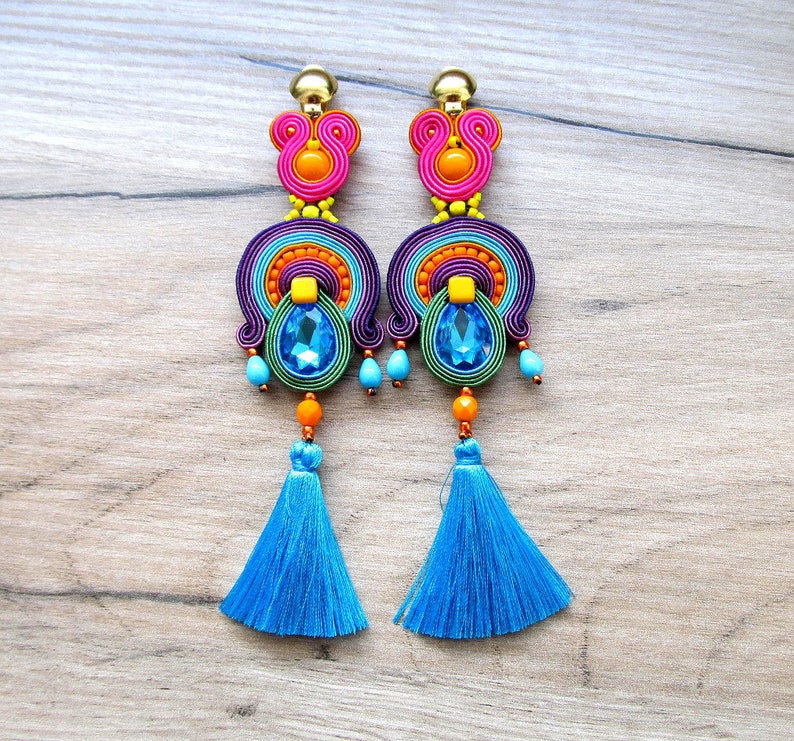 Long Tassel Earrings Colorful Clip-On Earrings Soutache | Etsy