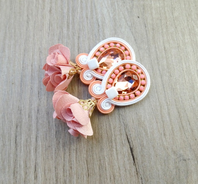 Crystal Bridal Earrings with Flower Tassels, Peach Pink and white Soutache Earrings clip-on image 2