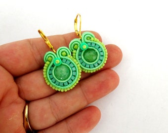 gold and mint statement earrings ,soutache earrings , mint green, pearl drop earrings, small hoop earrings, jade earrings