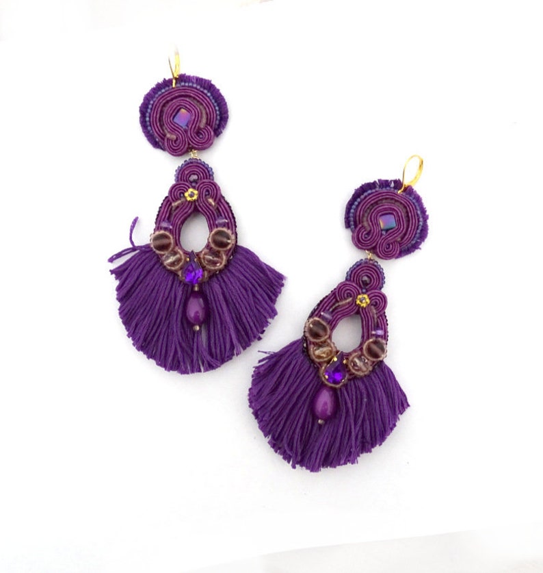 big soutache earrings long drop shape earrings witrh fringe mexican earrings colorful Purple tassel earrings boho statement earrings