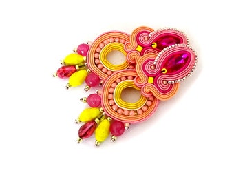 Dangling peach pink earrings, soutache clip-on earrings, sparkling earrings with crystals