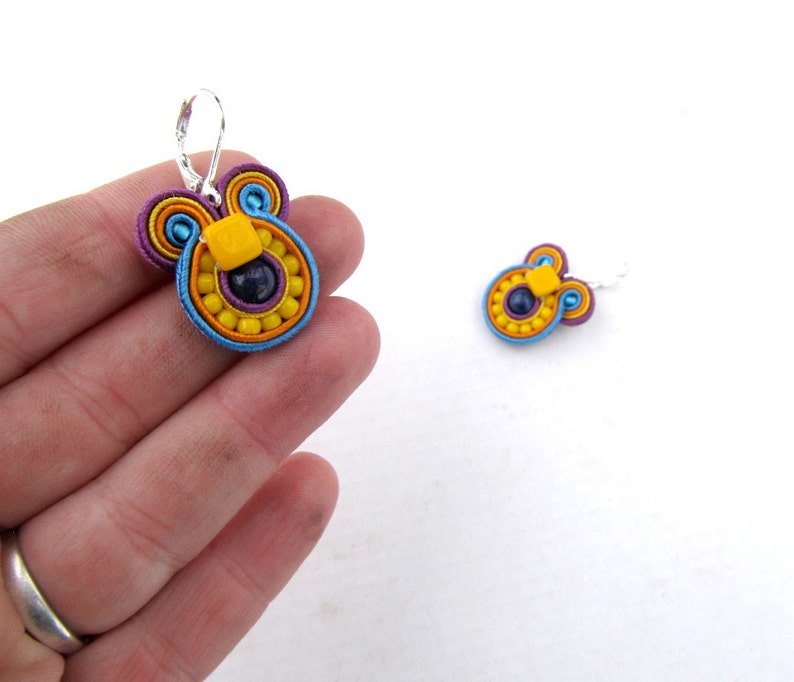 Colorful soutache earrings, beaded dangle earrings, small round earrings, handmade earrings from Poland, yellow earrings purple image 4