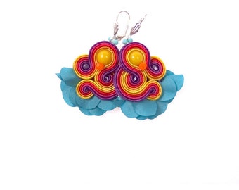 flower statement earrings, fun earrings weird, colorful earrings tassel, soutache earrings funky