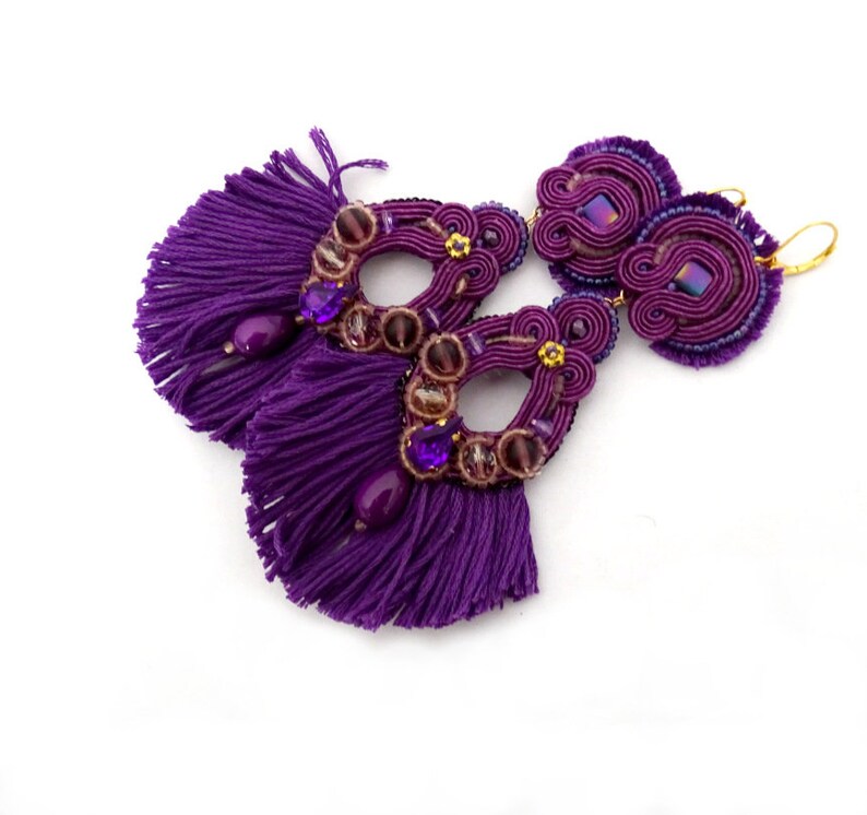 big soutache earrings long drop shape earrings witrh fringe mexican earrings colorful Purple tassel earrings boho statement earrings