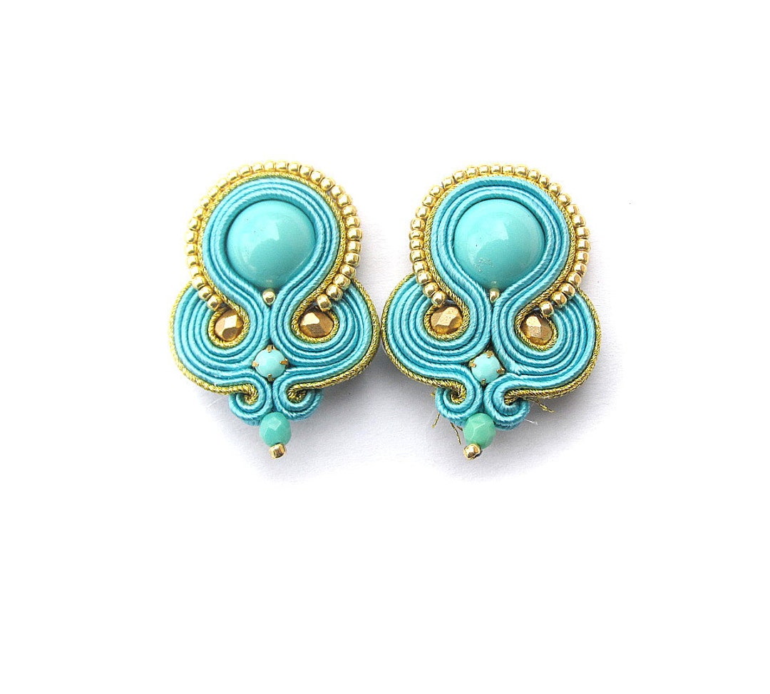 Turquoise Clipon Earrings, Blue Gold Soutache Earrings Etsy