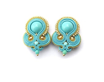 turquoise clip-on earrings, blue gold soutache earrings
