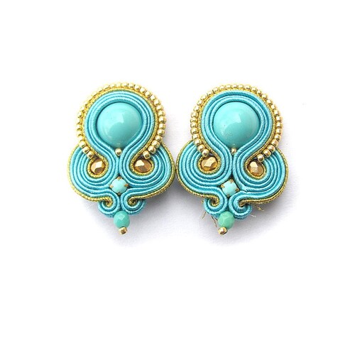 Turquoise Clipon Earrings Blue Gold Soutache Earrings Etsy
