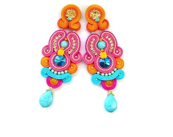colorful statement earrings, bright soutache clip-on earrings