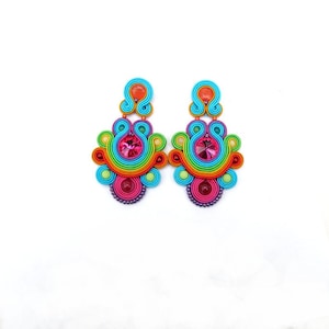 Unique Colorful Long Clip On Earrings Fashion Handmade Soutache Earrings with Crystals