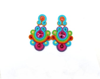 Unique Colorful Long Clip On Earrings Fashion Handmade Soutache Earrings with Crystals