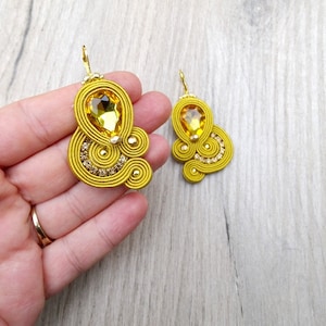 Yellow Gold Mustard Earrings, Dangle Earrings, Soutache Earrings with Crystals, Mustard Earrings, Yellow Gold earrings