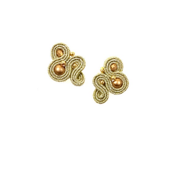 gold stud earrings, pearl drop earrings, tiny soutache earrings, gold vintage jewelry, dainty earrings, soutache jewelry