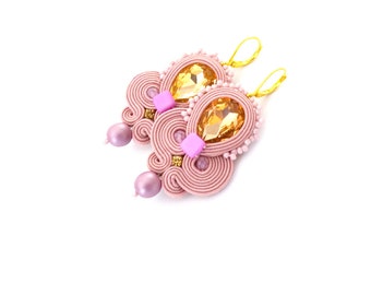 soutache earrings with crystals, lilac dangle earrings