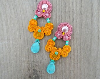 Long and statement clip-on earrings, orange and pink soutache earrings