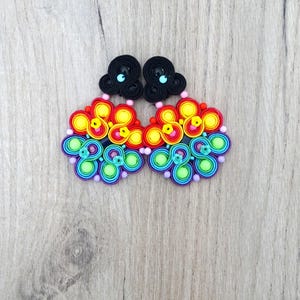 Rainbow Soutache Earrings - Colorful Boho Jewelry, Statement Floral Earrings, Lightweight Gift for Her