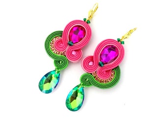 Green and Fuchsia Earrings, Dangle Earrings, Soutache Earrings, Pink Earrings, Dangle Earrings, Soutache Jewelry ,  Green Drop Earrings