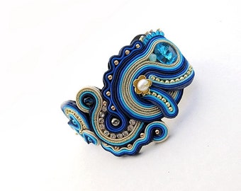 Navy Blue Gold Cuff Bracelet, Soutache Embroidered Bracelet