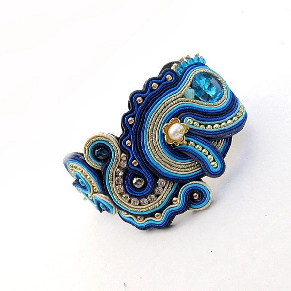 Pulsera de manguito de oro azul marino, pulsera bordada Soutache