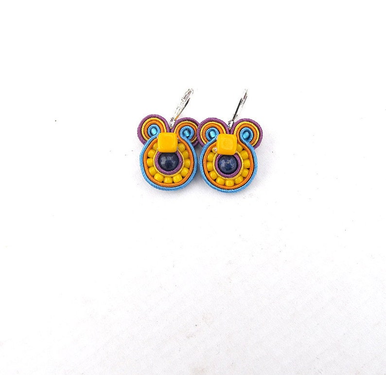 Colorful soutache earrings, beaded dangle earrings, small round earrings, handmade earrings from Poland, yellow earrings purple image 3